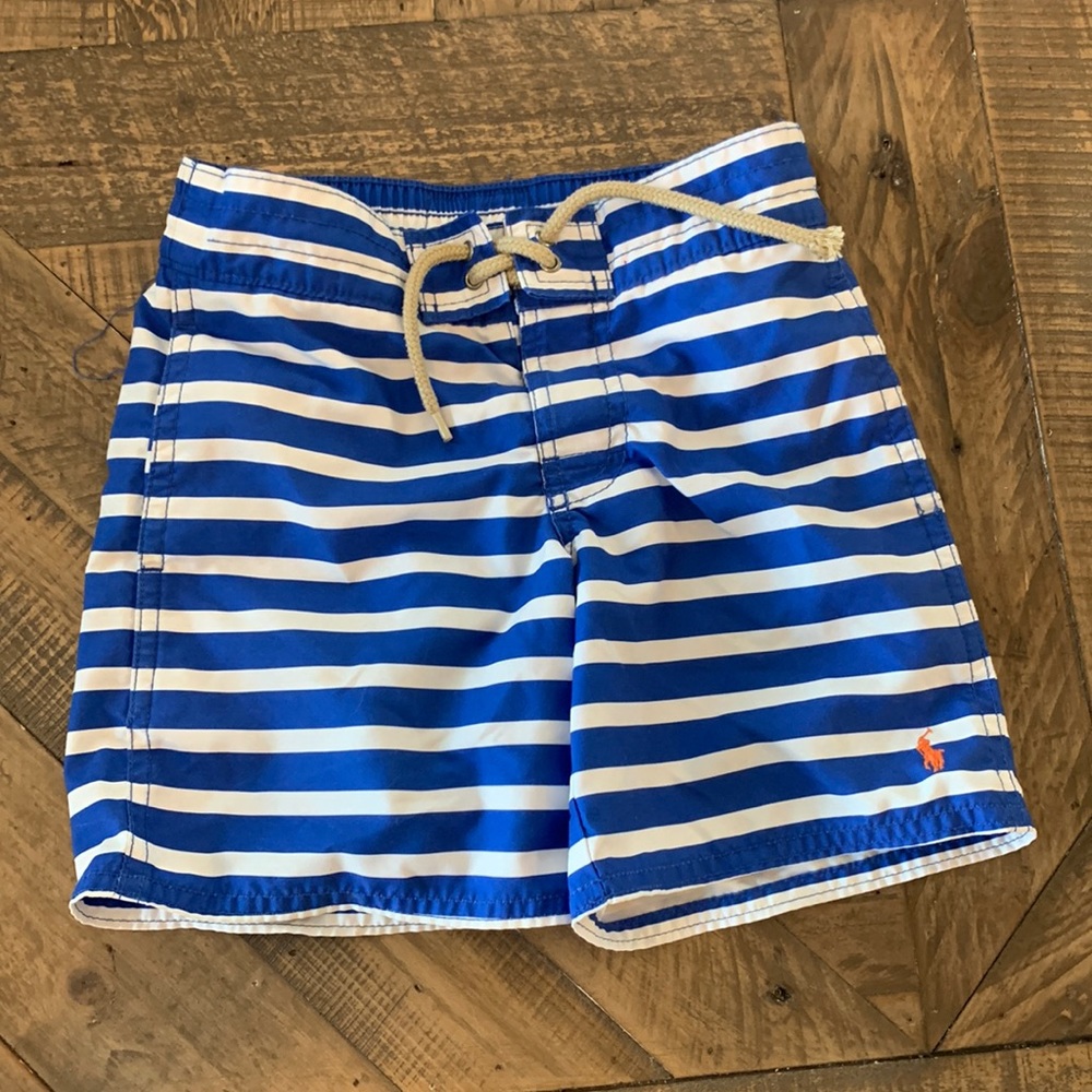 Blue and white striped Polo by Ralph Lauren swim trunks.